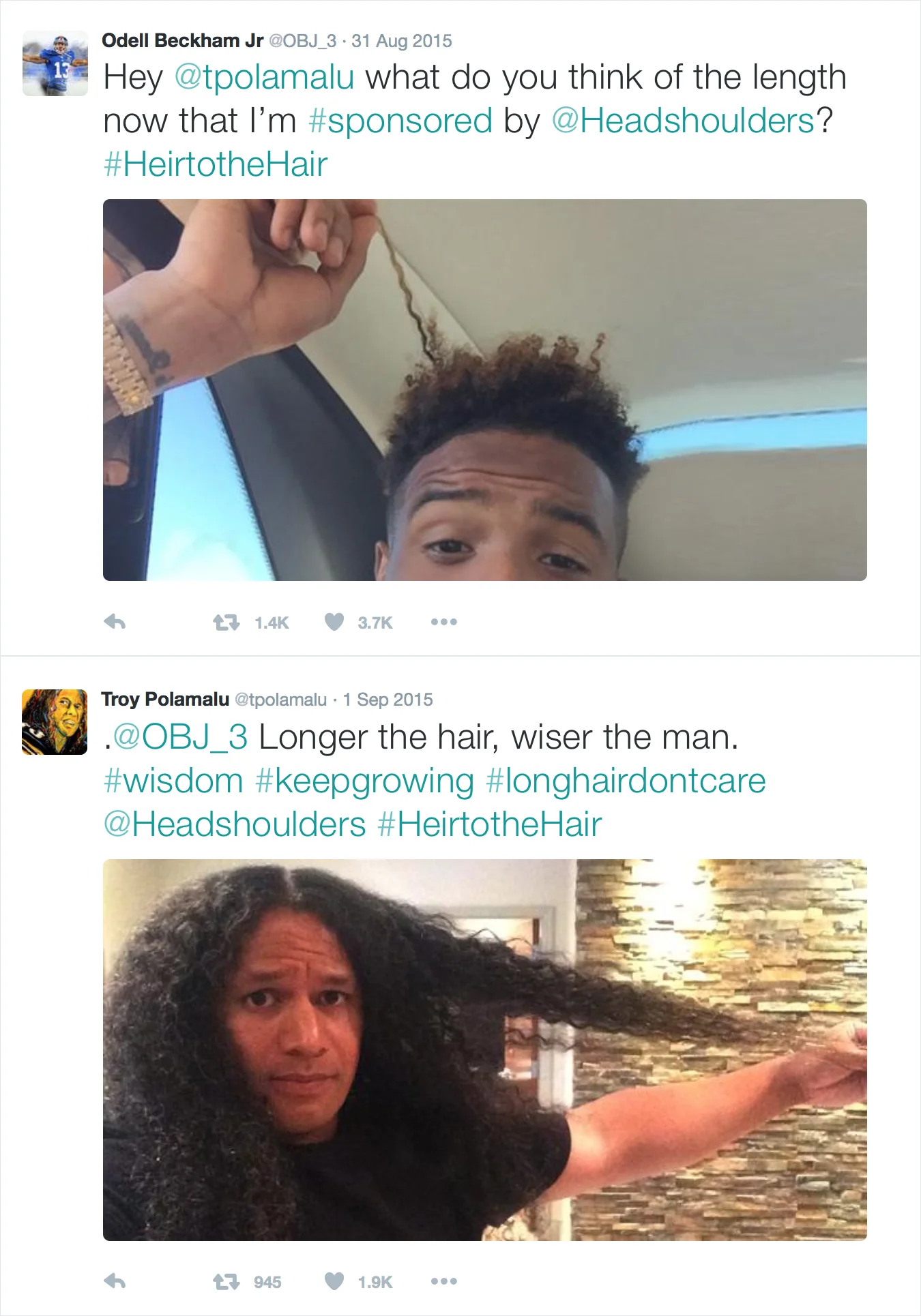 Twitter interaction between Troy Polamalu and Odell Beckham Jr. about hair length