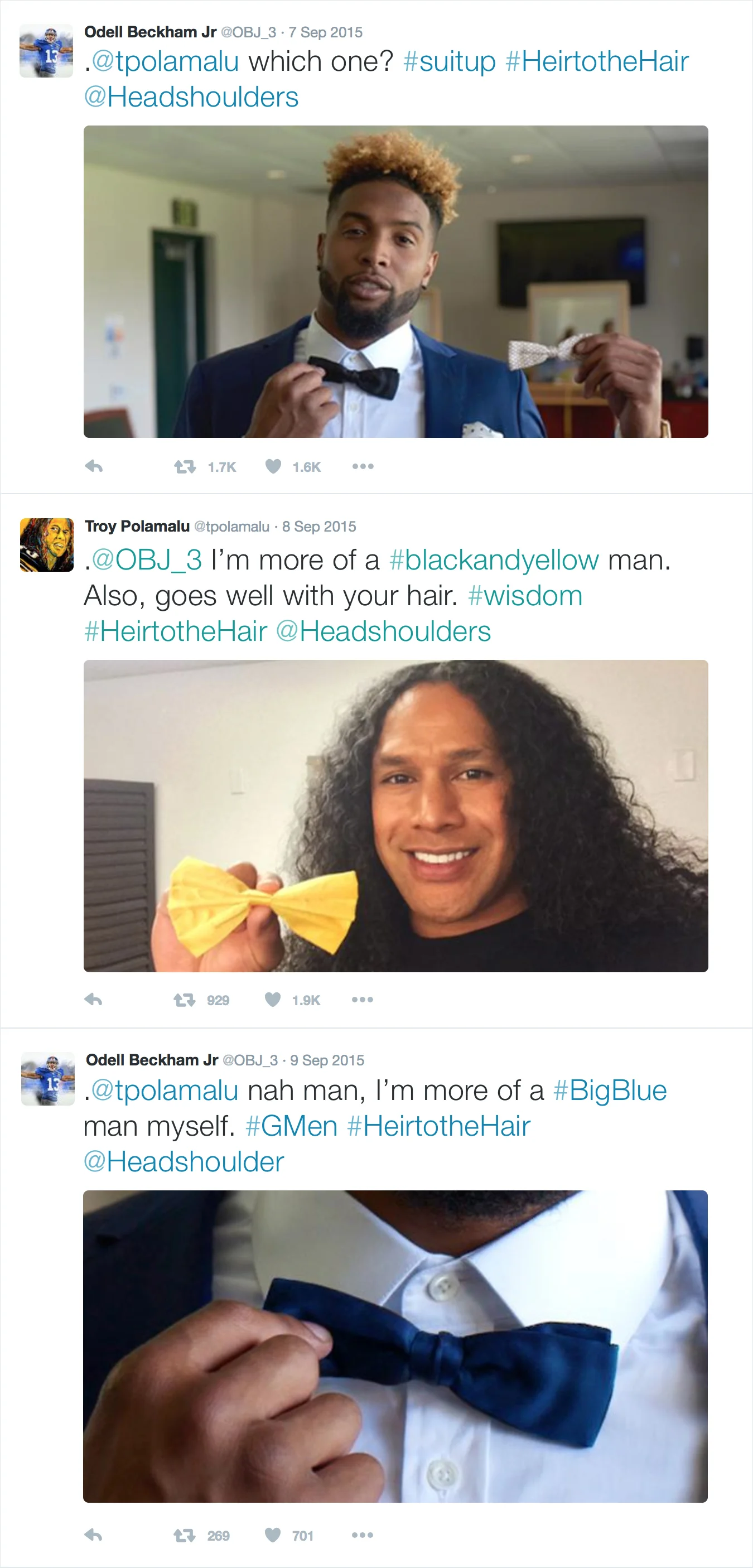 Twitter interaction between Troy Polamalu and Odell Beckham Jr. about bow ties