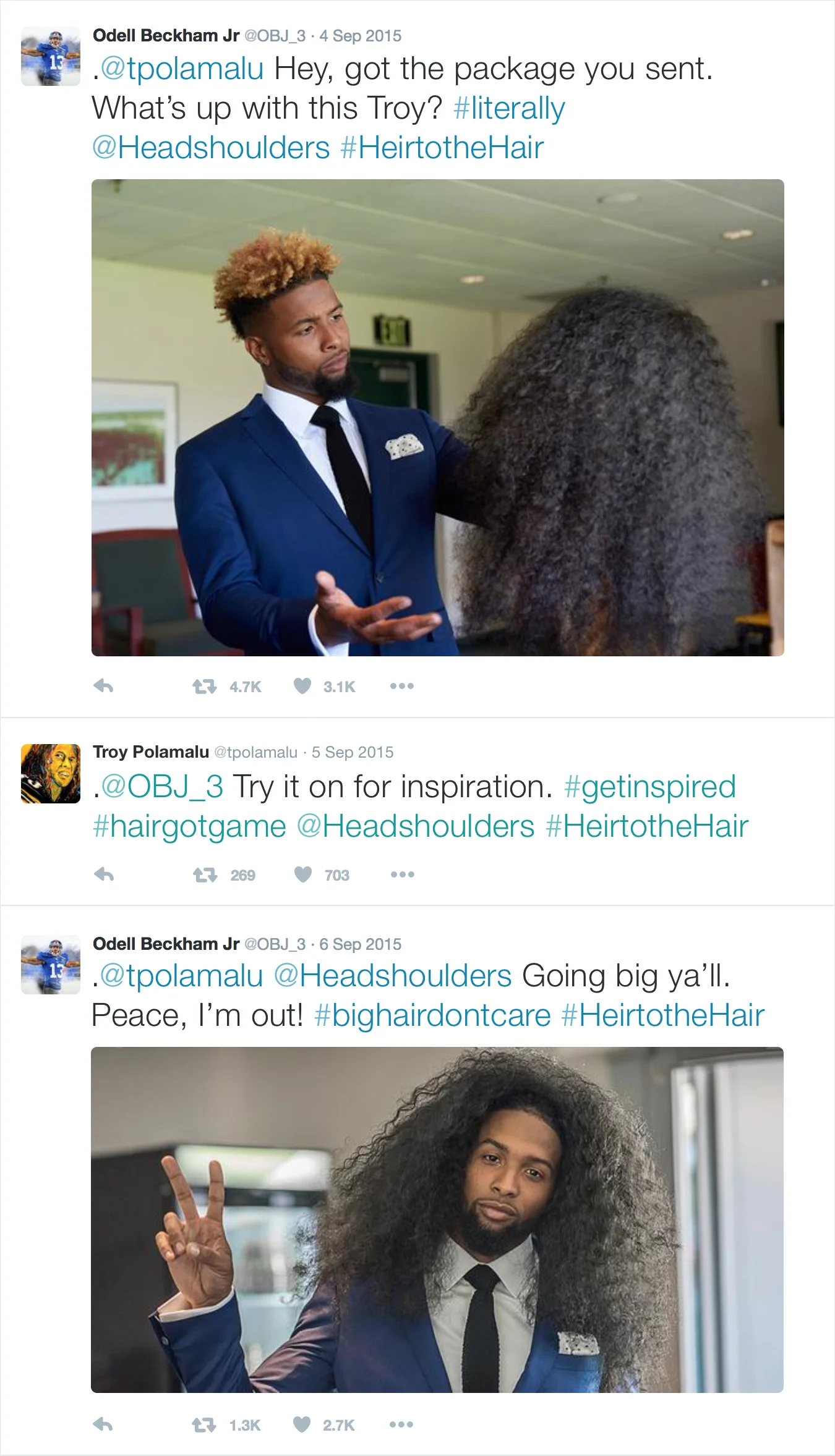 Twitter interaction between Troy Polamalu and Odell Beckham Jr. about wigs