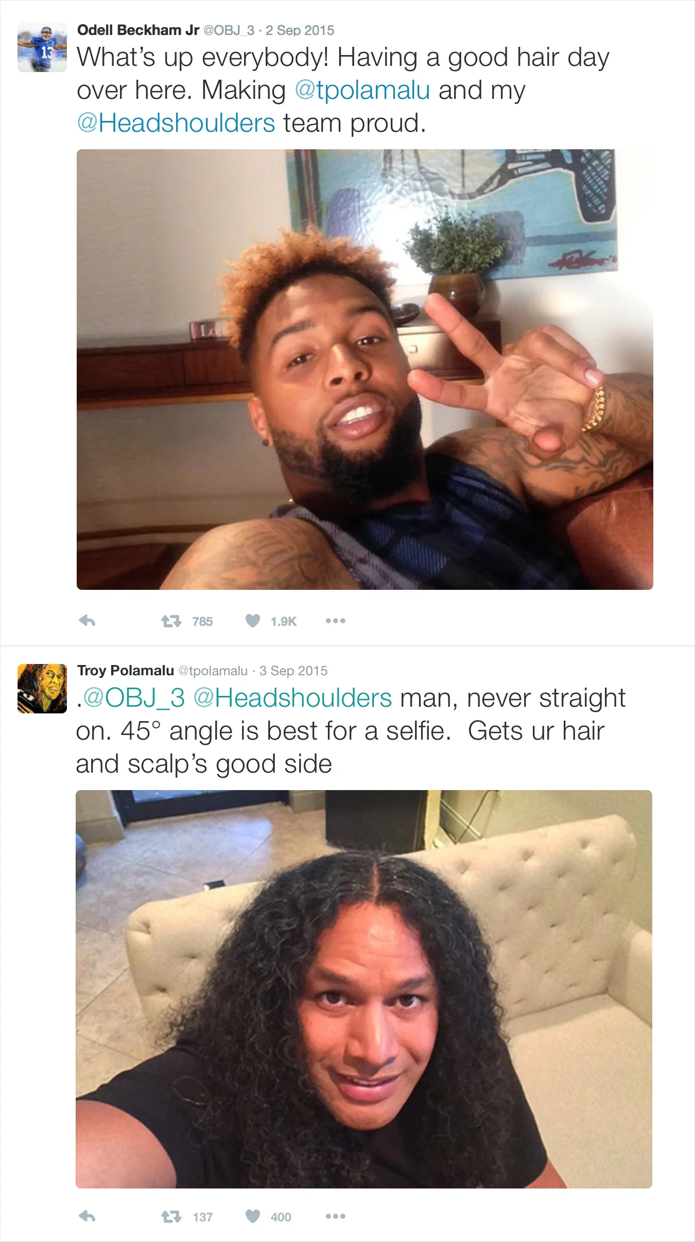 Twitter interaction between Troy Polamalu and Odell Beckham Jr. about hair angle