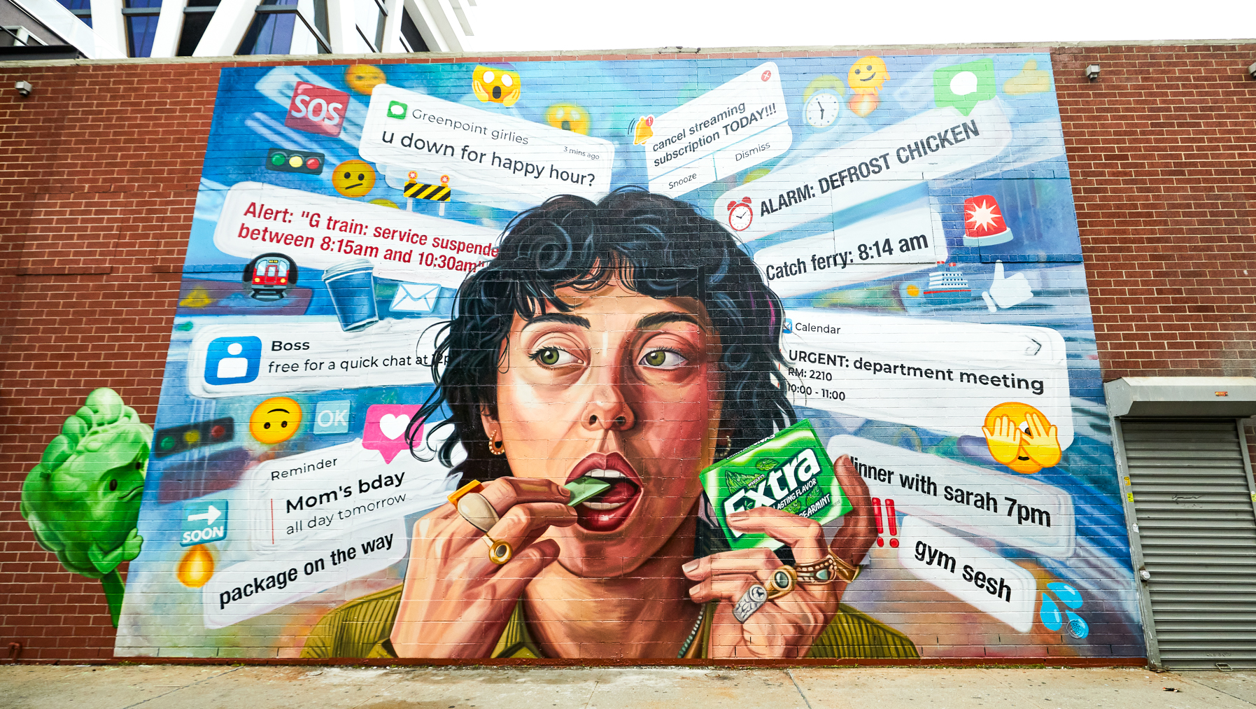 Phase one of the Chew Into It Brooklyn mural, with the heroine surrounded by distractions