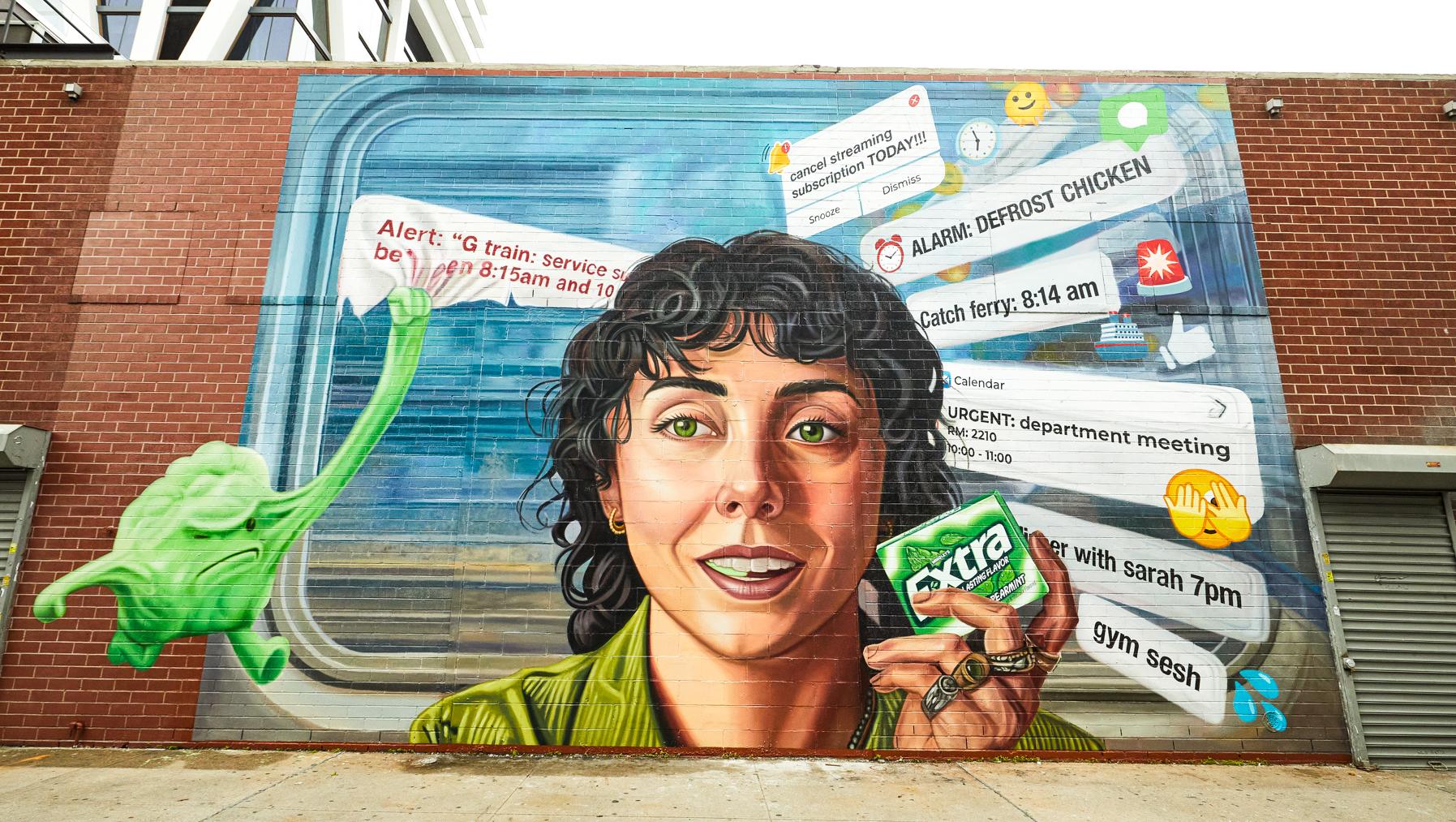 Chew Into It Brooklyn mural with Chewbert removing distractions around the heroine