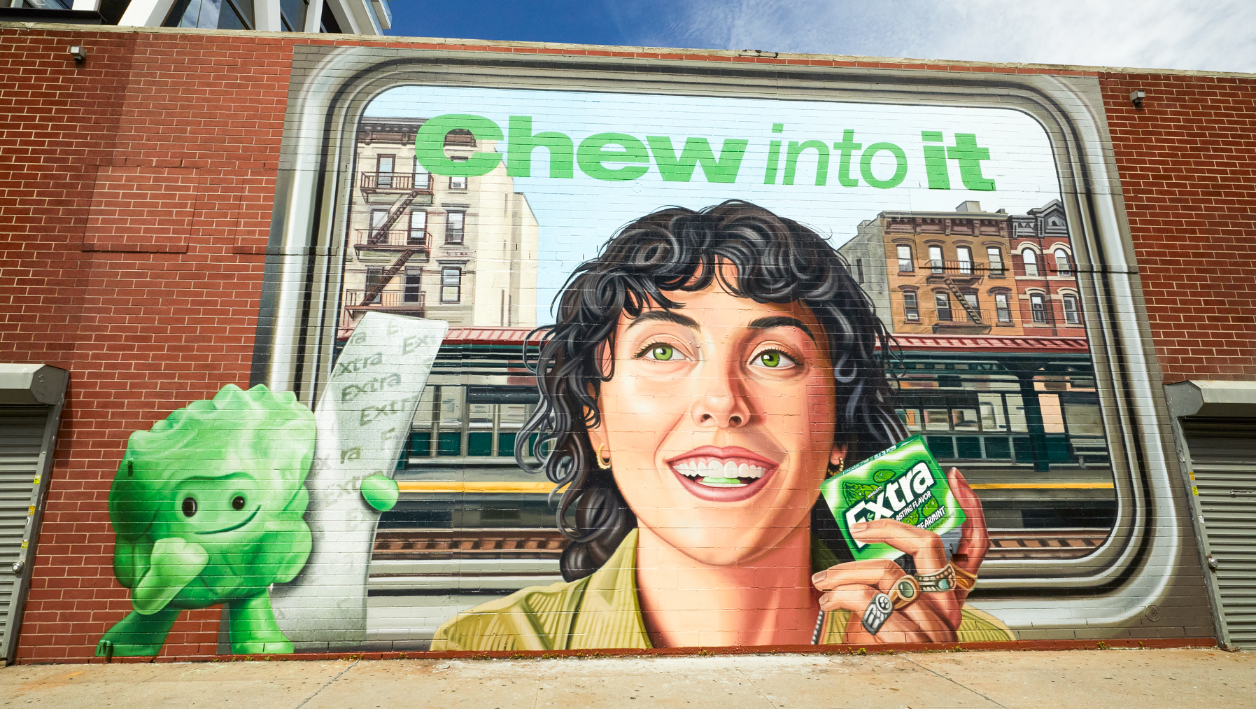 Final version of the Chew Into It Brooklyn mural, with Chewbert clearing the distractions