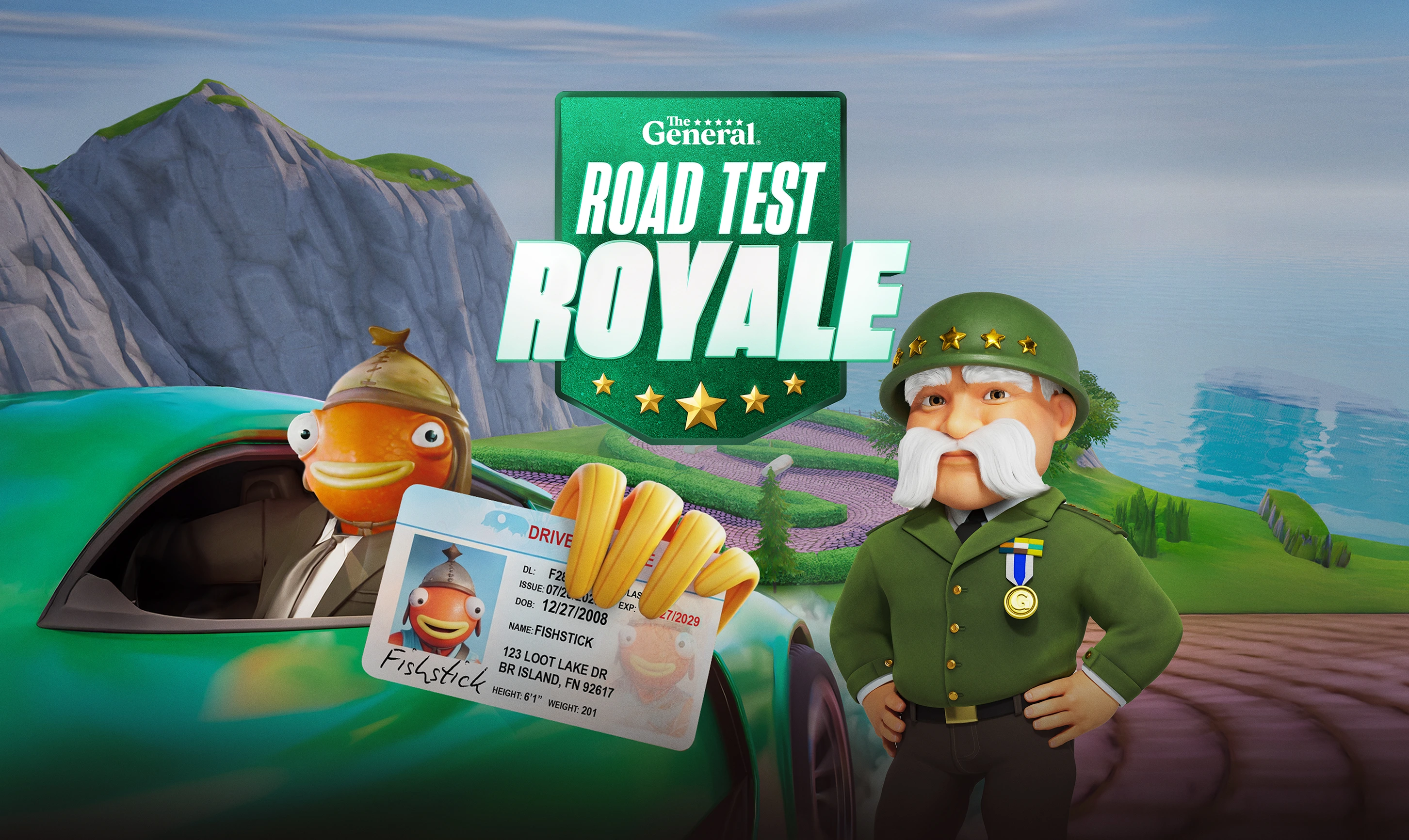Road Test Royale key art with The General and Fortnite drivers